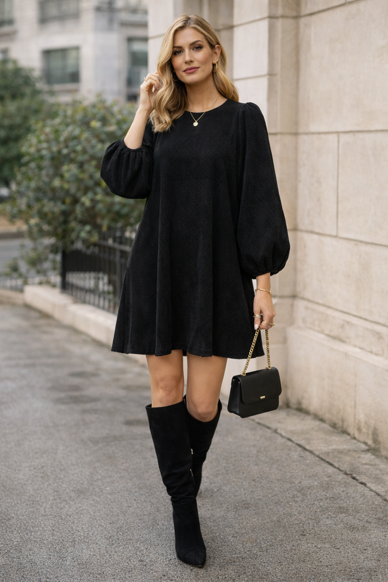 Noir Élan Corduroy Swing Dress – Black Balloon Sleeve Mini
