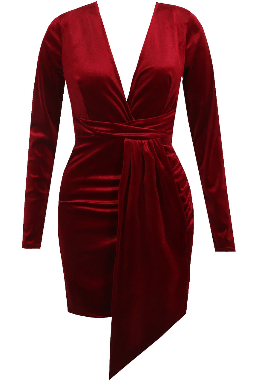 Velvet Low Neck Asymmetric Mini Dress-Dress-Secret Closet