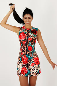 Leopard And Rose Print Mini Dress-Dresses-Secret Closet