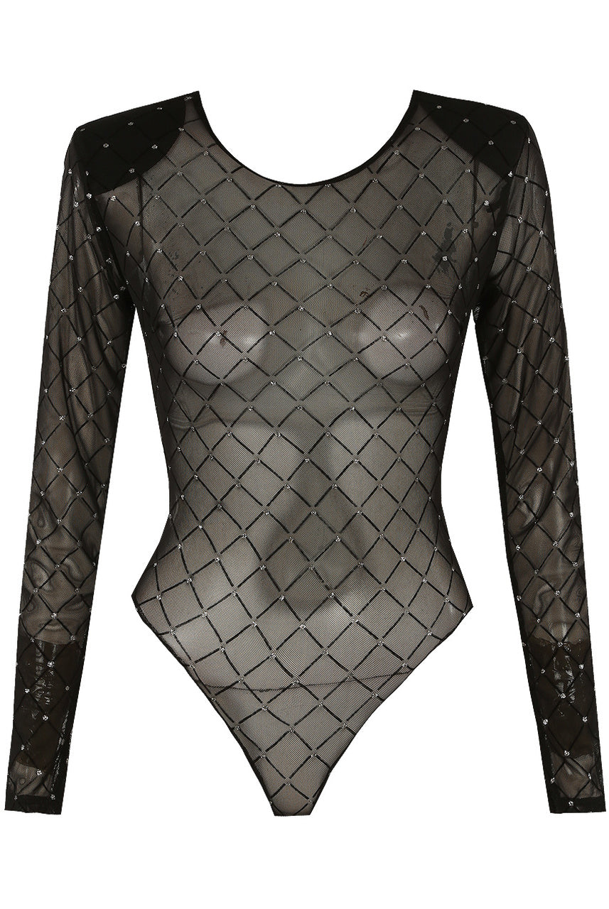 Diamante Mesh Round Neck Bodysuit-Top-Secret Closet