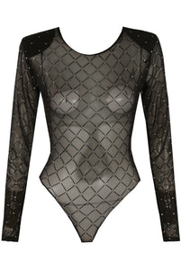 Diamante Mesh Round Neck Bodysuit-Top-Secret Closet