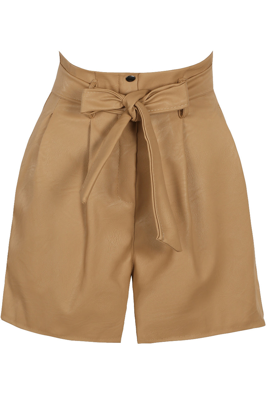 Paperbag Waist Leatherette Shorts-Pants-Secret Closet
