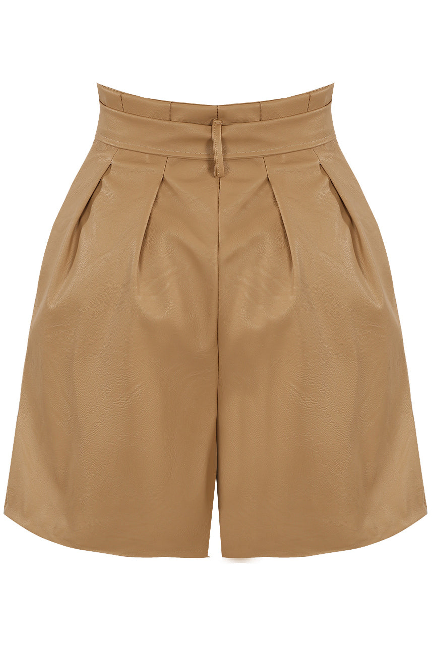 Paperbag Waist Leatherette Shorts-Pants-Secret Closet