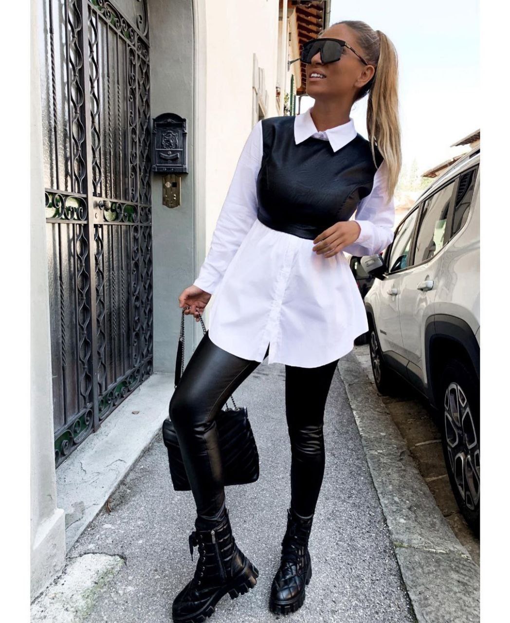 Built-in Leatherette Bustier Shirt Dress-Shirt-Secret Closet