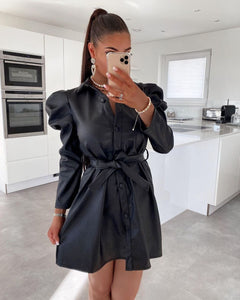 Leatherette Padded Shoulders Mini Dress-Dress-Secret Closet