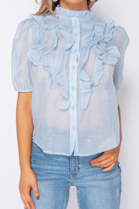 Frill Detail Short Sleeve Blouse-Tops-Secret Closet
