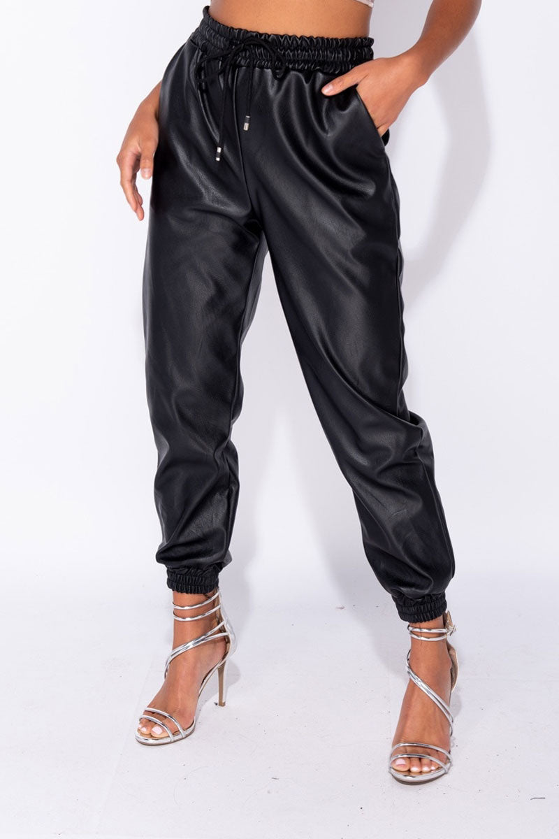 PU Hem Jogging Trousers-Pants-Secret Closet