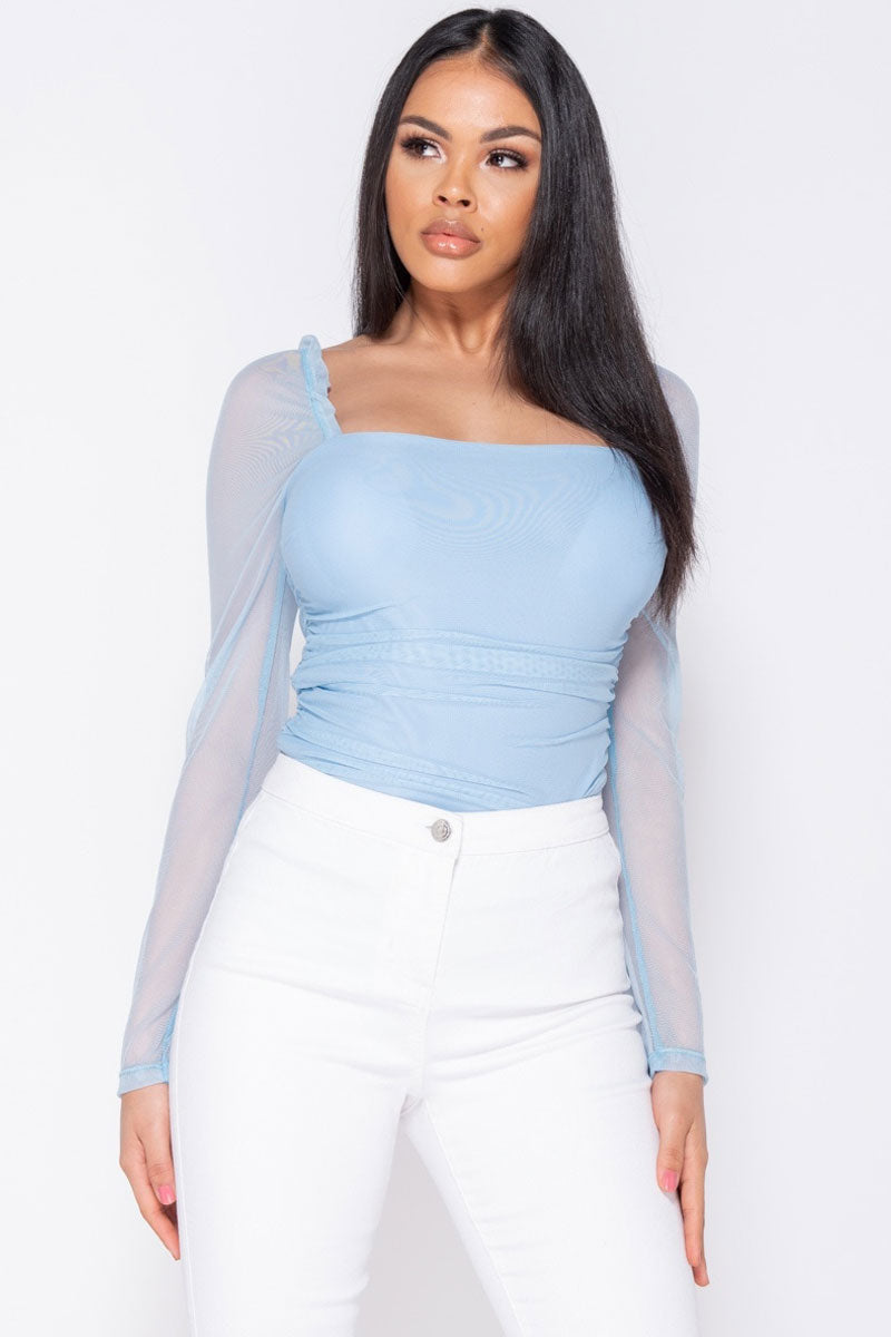 Sheer Ruching Detail Bodysuit-Tops-Secret Closet