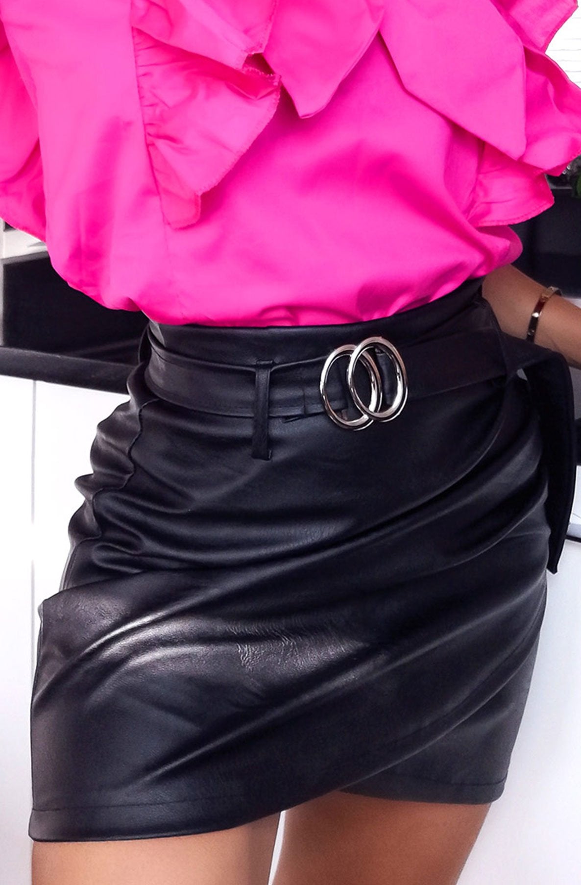 Evara Leatherette Belted Mini Skirt-Skirt-Secret Closet